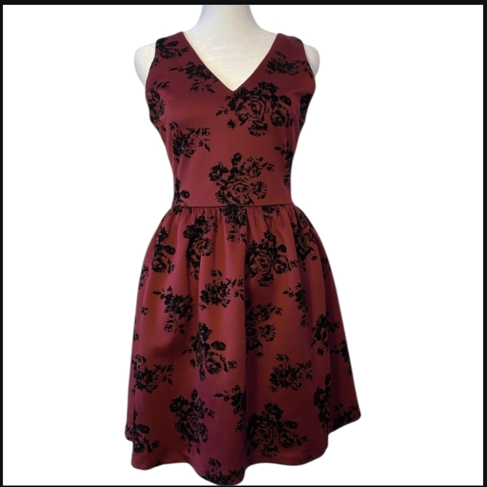 Y2K Whimsygoth Burgundy Babydoll Mini Dress Fit And Flare Velvet Florals XS NWT